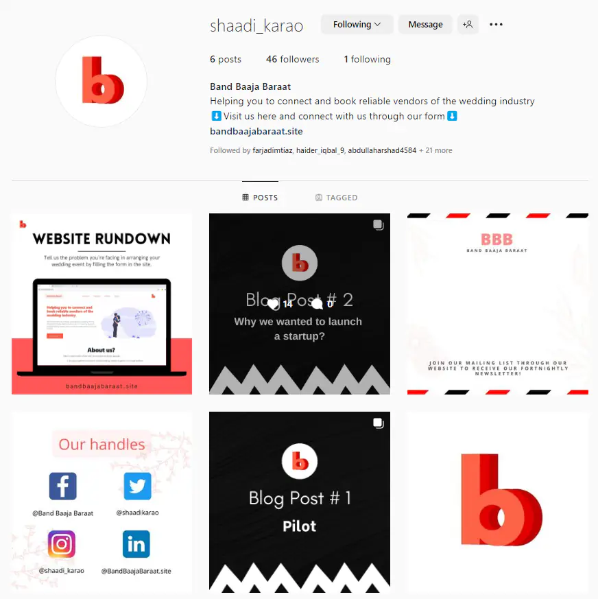Instagram profile of Band Baaja Baraat with the red b logo, 46 followers, and a grid of posts including “Website rundown”, “Blog Post # 1 Pilot” and “Our handles”