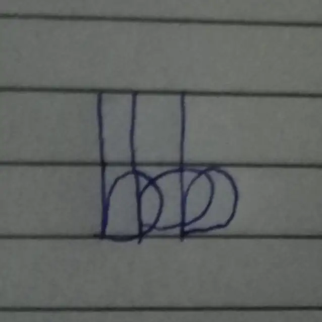 Pen sketches of logo ideas on lined paper, showing joined letter b shapes