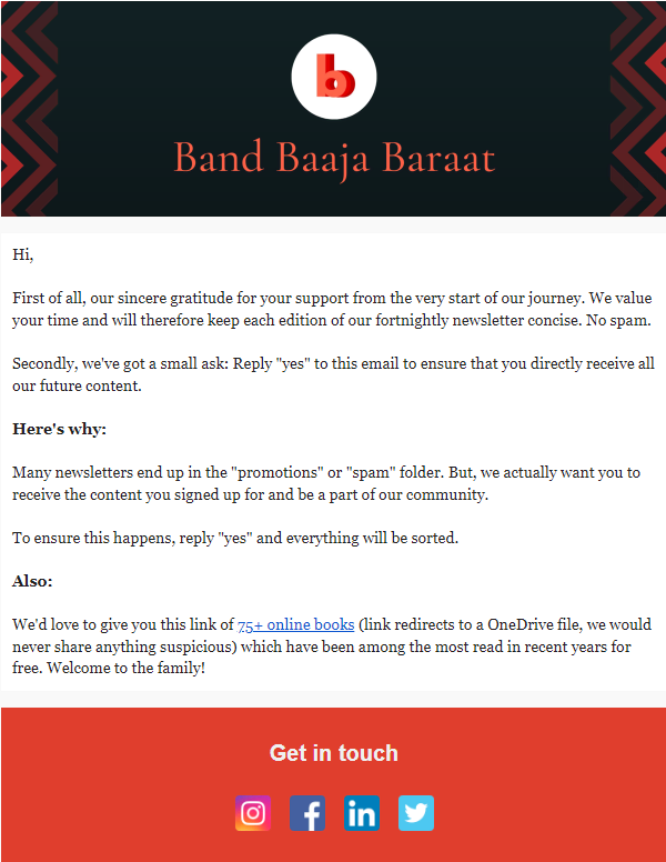 Band Baaja Baraat newsletter email thanking subscribers, asking them to reply “yes” so it avoids spam folders, and offering a link to free online books, with a Get in touch footer of social icons