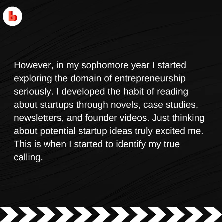 Instagram post about starting to explore entrepreneurship in the sophomore year by reading about startups through novels, case studies, newsletters and founder videos