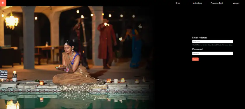Early website mock-up on a dark background with a bride seated by a pool at night, a login form for email and password, and a navigation bar