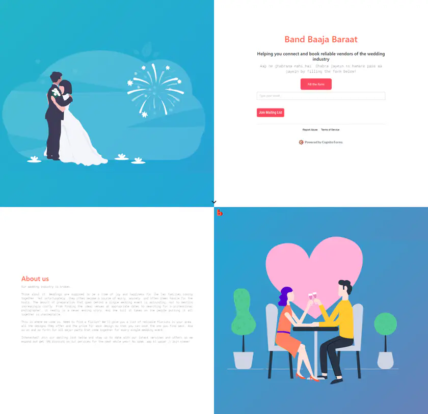 Second website version split into four blocks: blue wedding illustrations of a couple with fireworks, a centered sign-up area, and an About us text block