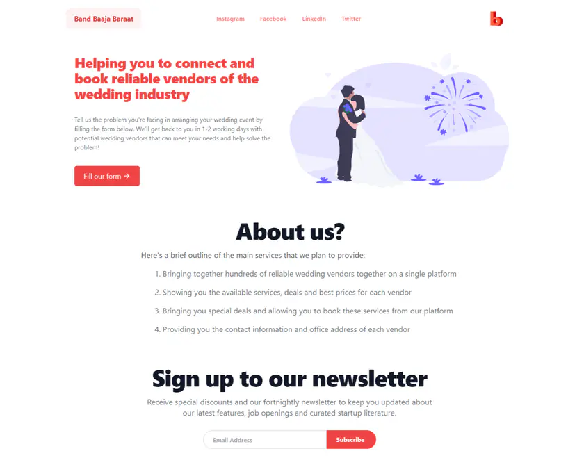 Final website design with a red headline, an illustration of a couple, an About us list of four services, and a newsletter sign-up form