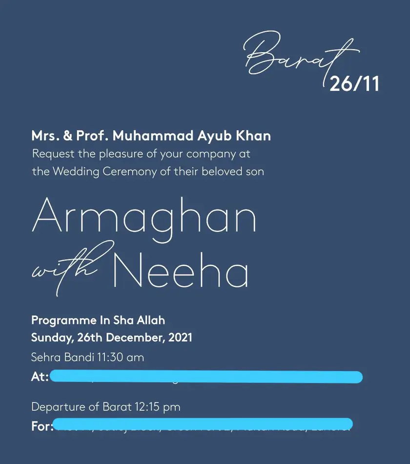 Sample digital wedding invitation on a navy background with the title “Barat 26/11” and ceremony details, with the venue lines blurred
