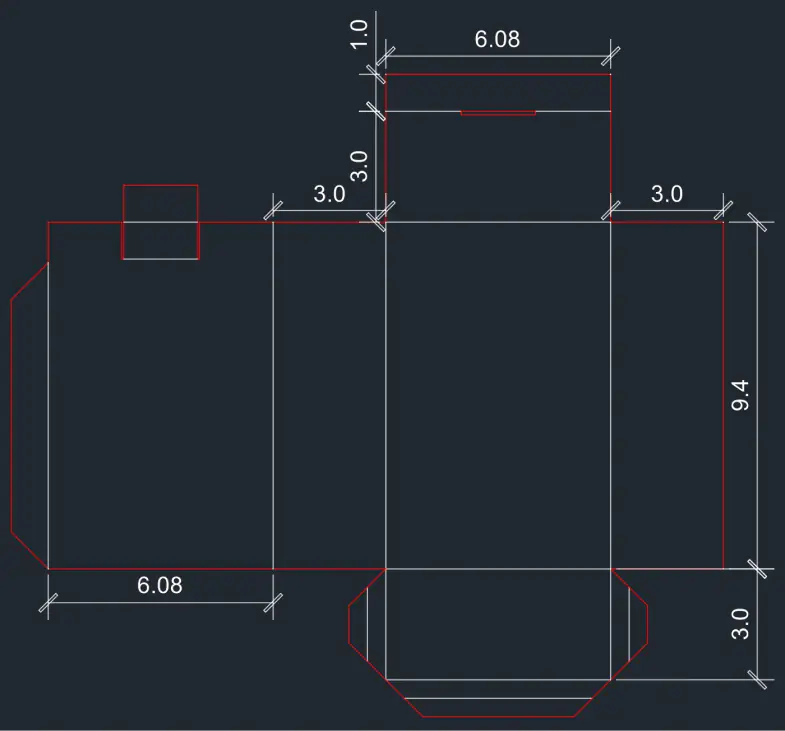Box cutting template drawn in white and red lines on a dark background, labeled with measurements such as 6.08, 9.4, 3.0 and 1.0