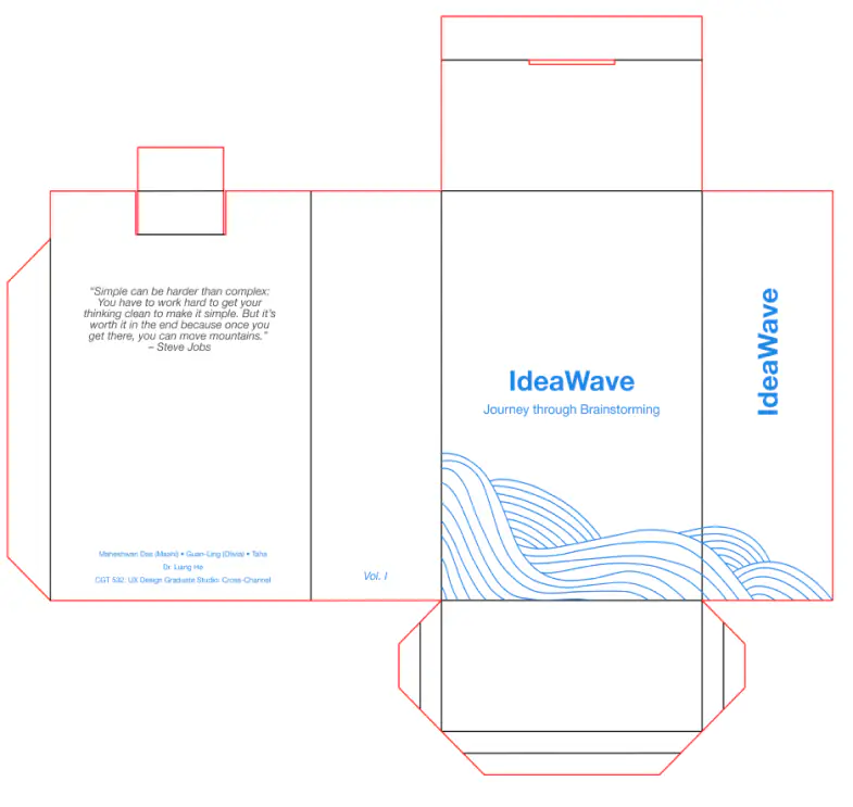 Flat print template for the box sticker with the blue IdeaWave logo, a wave illustration and a quotation, outlined with red fold and cut lines