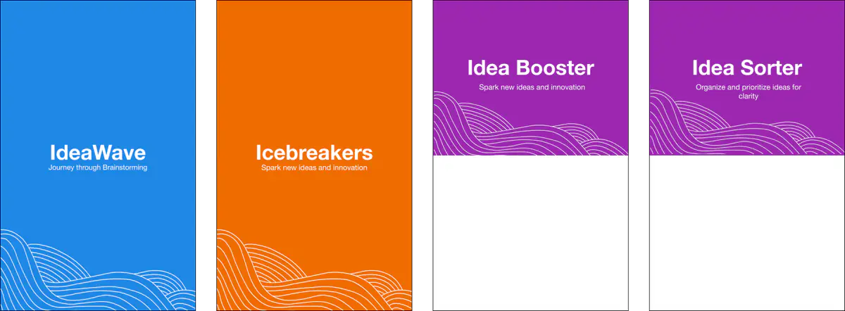 Card backs in blue (IdeaWave), orange (Icebreakers) and purple (Idea Booster and Idea Sorter), each with a white wave pattern