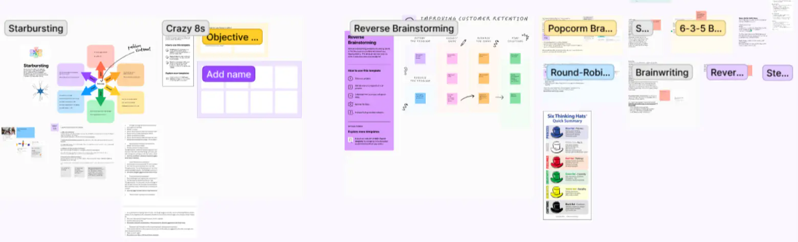 Digital whiteboard mapping brainstorming techniques such as Starbursting, Crazy 8s, Reverse Brainstorming, Round-Robin and Brainwriting, with colored sticky notes