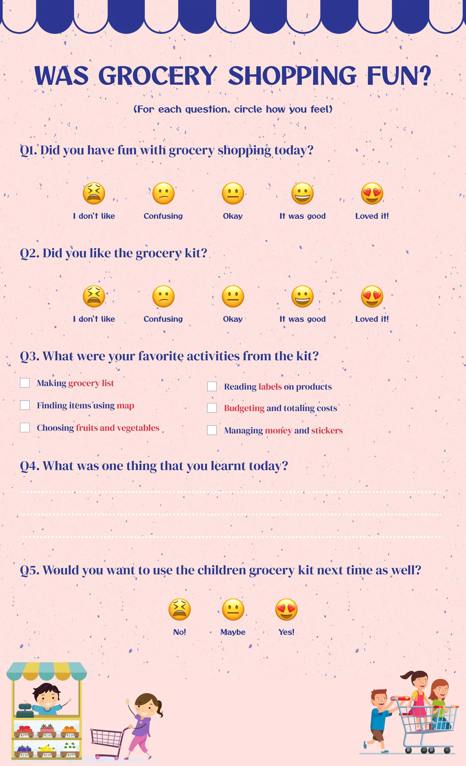 Evaluation questionnaire titled “Was grocery shopping fun?” with emoji rating scales, a checklist of favorite kit activities, and open questions about what the child learned