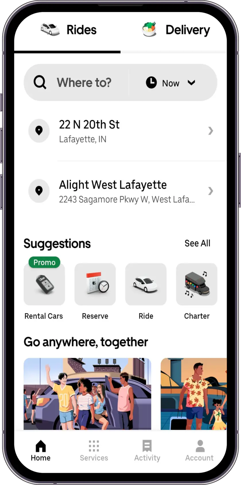 English-language ride and delivery app screen with a “Where to?” search box, saved addresses and service suggestions