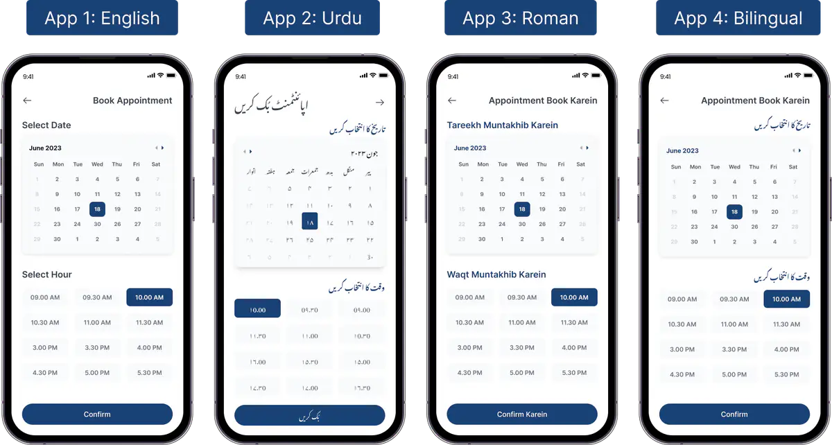 Appointment booking screen in the four app versions, showing a calendar, time slots and a Confirm button