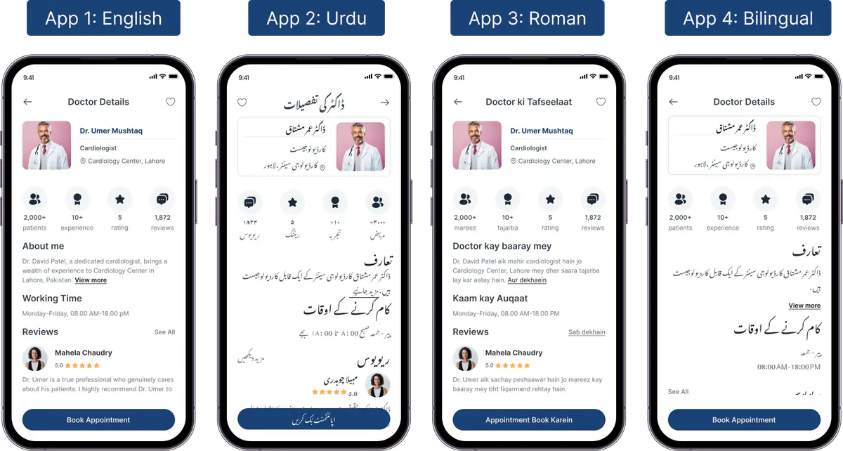 Doctor profile screen in the four app versions, with about, working time and reviews sections and a Book Appointment button