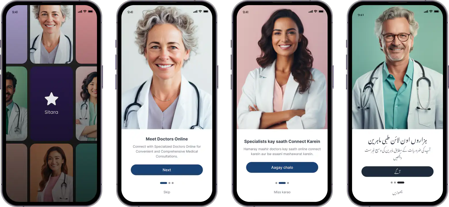 Four phone screens of the health app prototype, each showing a smiling doctor and the “Meet Doctors Online” message in English, Roman Urdu and Urdu
