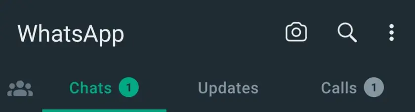 WhatsApp header in English: the title on the left, camera, search and menu icons on the right, and Chats, Updates and Calls tabs running left to right